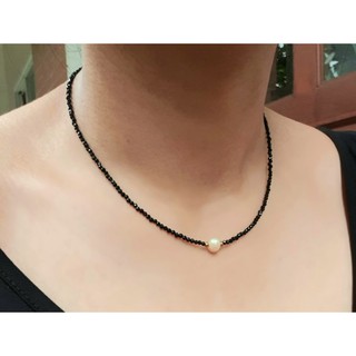 สร้อยคอหินนิลดำแท้ หินแท้ธรรมชาติ สร้อยคอมุก Black Spinel Pearl Necklace