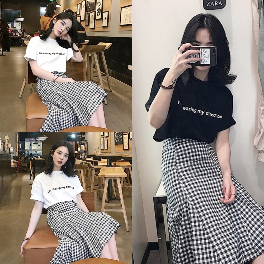 ราคาถูกที่สุด เซทแฟชั่นเสื้อยืดสกรีนตัวหนังสือ และกระโปรงลายสก็อตยาว