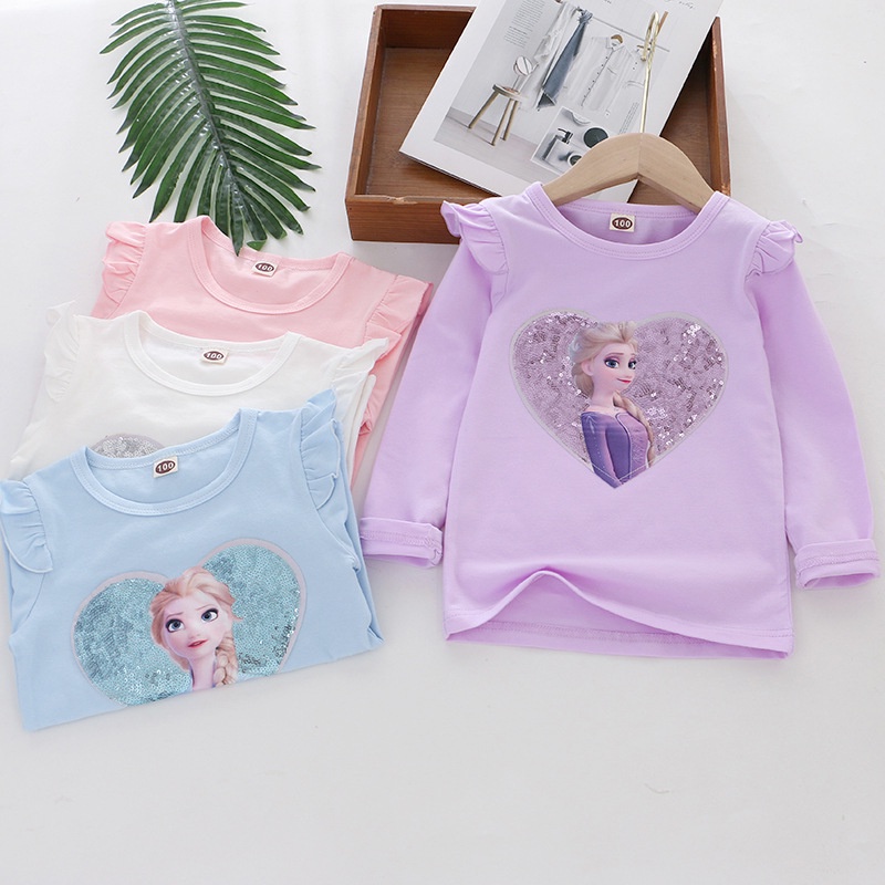 ใหม่ เสื้อยืด แขนยาว มีฮู้ด ปักเลื่อม ลาย Frozen Elsa สไตล์เจ้าหญิง สําหรับเด็กผู้หญิง