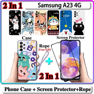 2 IN 1 เคส Samsung A23 4G เคส พร้อมกระจกนิรภัยโค้ง ป้องกันหน้าจอ เซรามิค ลายแมว และโดราเอมอน