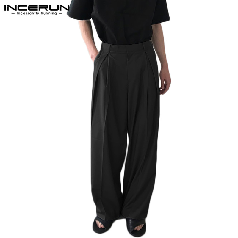 Incerun กางเกงขายาว สีพื้น ทรงหลวม สไตล์ลําลองแฟชั่น สําหรับผู้ชาย
