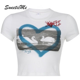 Sweeticme ใหม่ เสื้อยืดลําลอง แขนสั้น คอกลม เข้ารูป พิมพ์ลาย เซ็กซี่ แฟชั่นสําหรับสตรี 2022