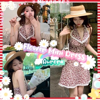 Flower Mini Dresss พร้อมส่ง มินิเดรสลายดอกไม้ คล้องคอ โทนสีเข้ม เว้าหลัง สวยเซ็กซี่ ชุดเที่ยวทะเล งานป้าย