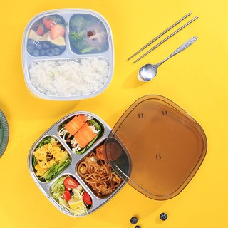 ถาดหลุมใส่อาหารเด็ก 4หลุม ถาดหลุมพกพา กล่องใส่อาหาร กล่องเก็บอาหารสแตนเลส Lunch Box for your kids