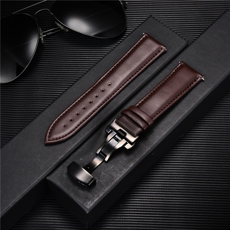 Smooth Genuine Calfskin Leather Watchband 18mm 20mm 22mm Straps with Solid Automatic Butterfly Buckle Business Watch Band