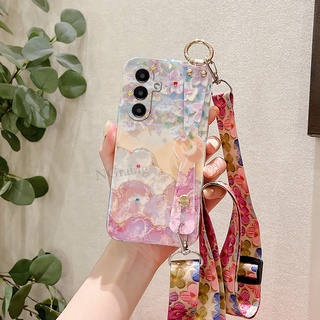 พร้อมส่ง ใหม่ เคสโทรศัพท์มือถือ ซิลิโคนนิ่ม ลายภาพวาดสีน้ํามัน รูปดอกซากุระ พร้อมสายคล้องข้อมือ สําหรับ Samsung Galaxy A34 A54 5G