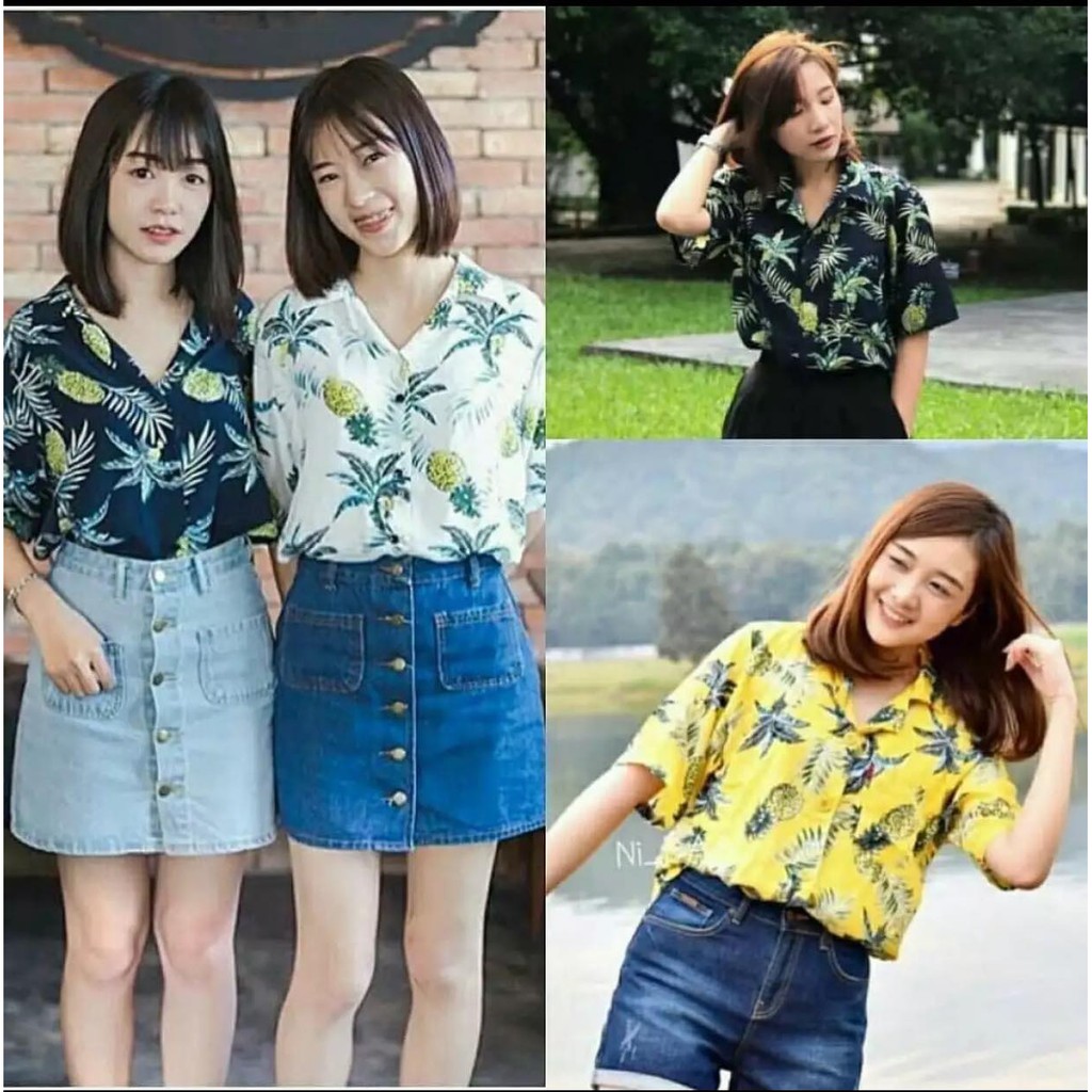 มีสินค้าพร้อมส่ง เสื้อฮาวาย เสื้อลายดอกผ้าสปัน ผ้าโปร่งบางนุ่มใส่สบายผ้าพิมส์ลาย สัปะรด-ใบไม้ เสื้อเชิ้ตแขนสั้น