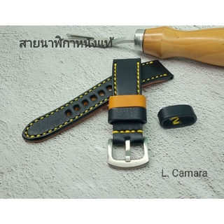 สายนาฬิกาหนังแท้สีดำ (ซับหนังสีเหลือง) ด้ายเหลือง Watch Straps แถม!! สปริงบาร์ 1 คู่ (ผลิตในไทย)