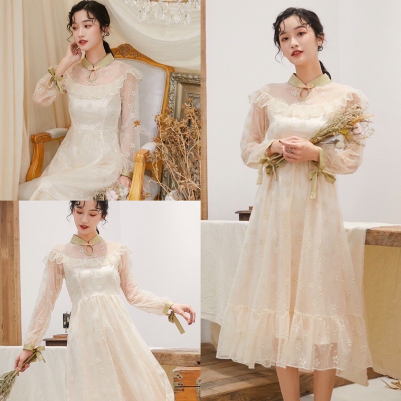 พร้อมส่ง Maxidress เดรสคอระบาย ลายดอกไม้ ผ้าลูกไม้โทนสีครีม แขนยาว น่ารักสุดๆ เดรสกระโปรง เดรสน่ารัก งานป้าย