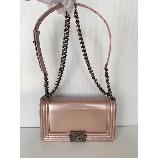 USED Chanel Boy 10" Nude Pink Patent RHW holo 170xx +