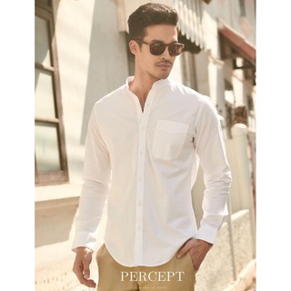 เสื้อเชิ้ตแขนยาว ผู้ชาย รุ่น Soft Oxford สีขาว ปกคอจีน มีกระเป๋า ยับยาก รีดง่าย สัมผัสนุ่มสบาย