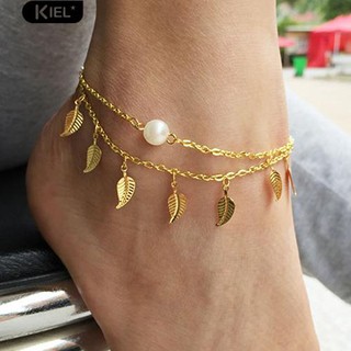 💍Leaf Tassels Two LayerFaux Pearl Beach Sandal Ankle ChainFoot Bracelet Anklet