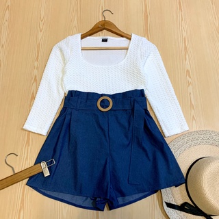 Set 2 ชิ้น เสื้อผ้าทอนูนนิ่มใส่สบาย งานแขนสามส่วนคอเหลี่ยม กางเกงผ้าคอตตอลเอวสม็อคหลัง มาพร้อมเข็ดขัดเข้าเซ็ต
