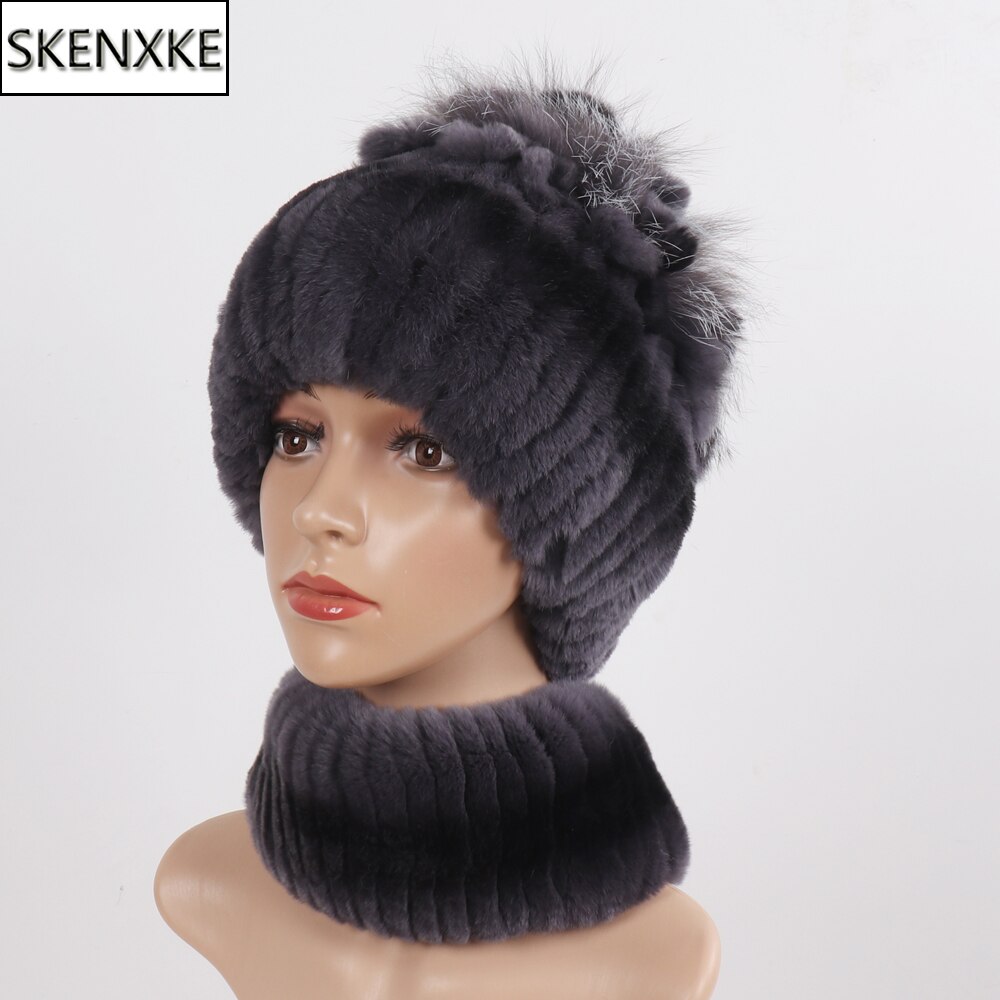 Knitted Women Warm Rex Rabbit Fur Hat Scarf Sets Winter Natural Rex ...