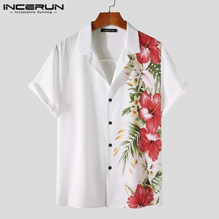 Incerun เสื้อเชิ้ตแฟชั่นสําหรับผู้ชายแขนสั้นพิมพ์ลายดอกไม้