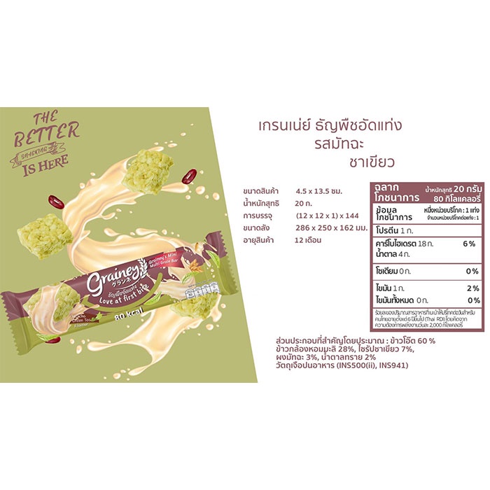 [ยกแพ็ค] Grainey (เกรนเน่ย์) Multigrain Bar ธัญพืชอัดแท่ง รสมัทฉะ ชาเขียว 20 กรัม (1 กล่อง/12 ชิ้น)