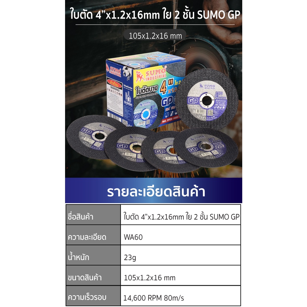ใบตัดเหล็ก 4 นิ้ว SUMO ใบละ 8.- sumo gp ใยสองชั้น  ตัดเหล็ก ตัดสแตนเลส ใบตัดบาง ใบตัดสแตนเลส แผ่นตัดเหล็ก/b
