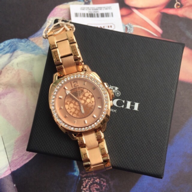 Coach 34mm.14501701 Women's Small Rose Gold BOYFRIEND Crytal Bracelet Watch โรสโกลด์สวย