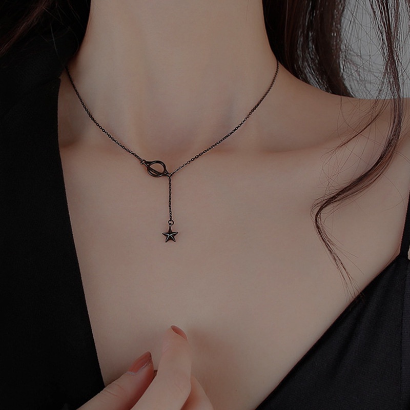 สร้อยคอ สร้อยข้อมือ สายโซ่ จี้ดาวเคราะห์ สีดําเข้ม แบบเรียบง่าย สไตล์เกาหลี
