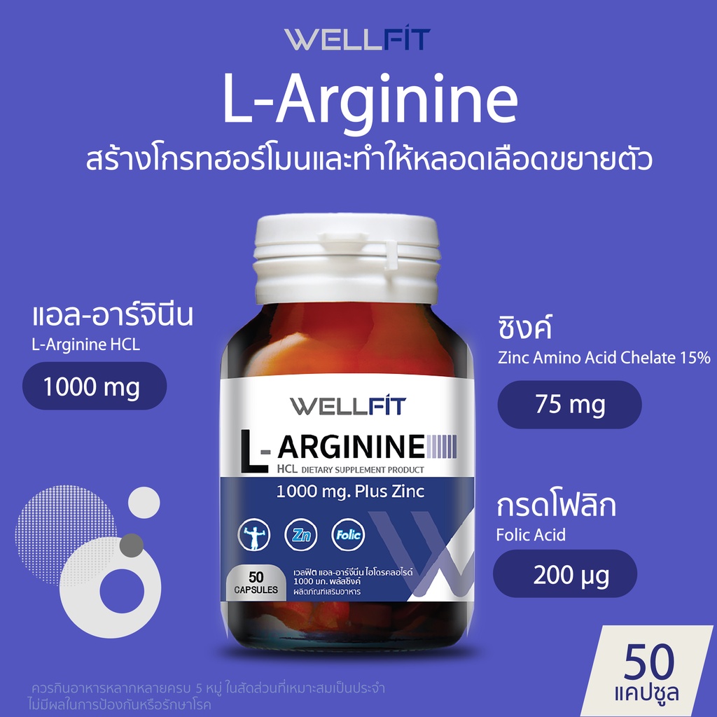 [50แคปซูล] WELLFIT L-Arginine 1000 mg plus Zinc &amp; Folic Acid เวลฟิต แอล-อาร์จินีน 1000มก.พลัสซิงค์ &amp; กรดโฟลิก