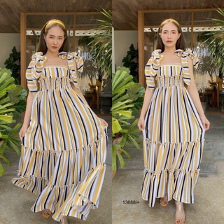 Maxi Dress สายผูกไหล่ ผ้าโฟร์เวย์ ลายริ้วสลับสี หลังกับเอวสม็อค ใส่เที่ยว พริ้วๆ สวยค่า