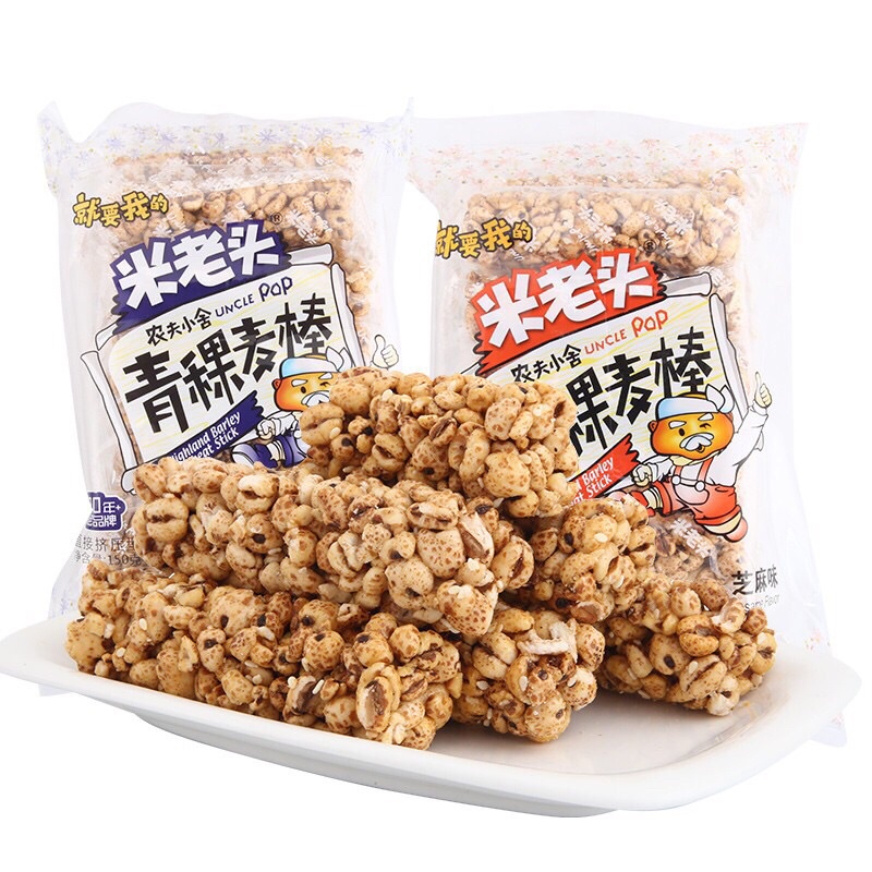 ขนมธัญพืช ลูกเดือยอบกรอบ ข้าวพองอบกรอบ รสงา( 米老头米棒、麦棒 ）150g ประมาณ 12ชิ้น ลูกเดือยอัดแท่ง ลูกเดือย ข