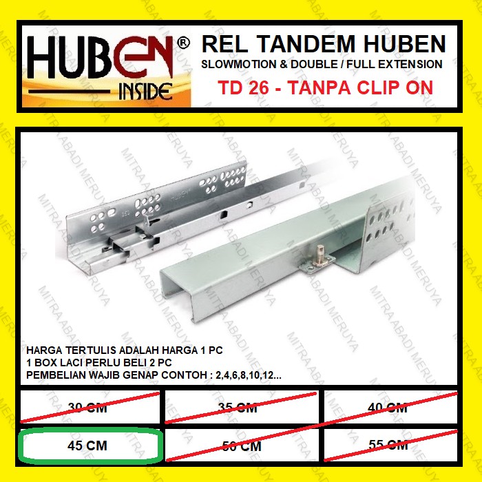 HUBEN รางลิ้นชัก Tandem 45 ซม. HUBEN TD-26 Tandem Rail