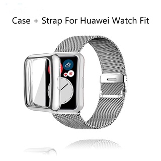 เคส Tpu + สายนาฬิกาข้อมือสแตนเลสสําหรับ Huawei Watch Fit Band Watchband + เคสหน้าจอ