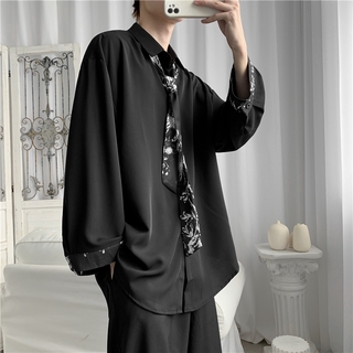 【M-3XL】เสื้อเชิ้ตหลวมธุรกิจของผู้ชายเสื้อเชิ้ตแขนยาวผูกโบว์