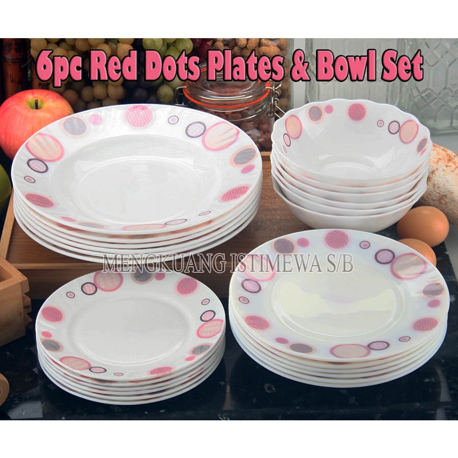 6 PC PREMIUM FESTON OPAL GLASS RED DOTS PLATE & BOWL SET SE00568
