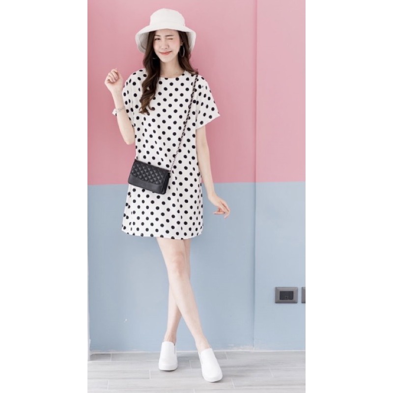 ‼️พร้อมส่ง‼️Pastel Secret เดรสลายจุด ทรงปล่อย ผ้านิ่มลื่น