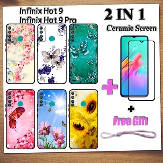 2 IN 1 Infinix Hot 9 Hot 9 Pro เคสโทรศัพท์ พร้อมกระจกนิรภัย เซรามิค ป้องกันหน้าจอ โค้ง ฟิล์มนิรภัย ผีเสื้อ