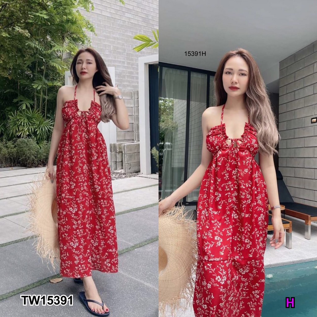GN15391 **รบกวนสอบถามstockก่อนสั่งซื้อจ้า** แมกซี่เดรส ด้านหน้า สายคล้องคอ มัดด้านหลังพิมพ์ลาย