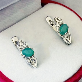 N6406 ต่างหูพลอยโมราแท้ ( Chrysoprase ) แบบอิงลิชล็อค ตัวเรือนเงินแท้ 925 ชุบทองคำขาว