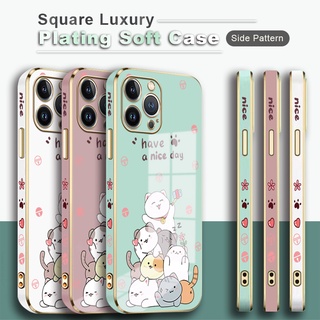 สําหรับ Xiaomi Mi 11 11T 10S 10T 10 Lite Pro NE 5G เคสโทรศัพท์รูปแบบด้านข้างพิมพ์(กองแมว)สแควร์ชุบเคสแบบหรูหรากรอบชุบซิลิโคนนิ่มปลอกเลนส์ป้องกันกันตกเคสมือถือ