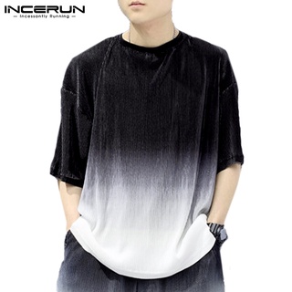 Incerun เสื้อยืดลําลอง แขนสั้น ทรงหลวม พิมพ์ลายไล่โทนสี สไตล์เรียบง่าย สําหรับผู้ชาย