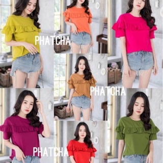 เสื้อแขนสั้นคอกลมต่อระบายที่แขน