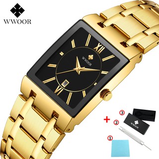WWOOR  นาฬิกาจ้อมือควอตซ์ สายสเตนเลส สีทอง กันน้ำ สไตล์ทางกา…