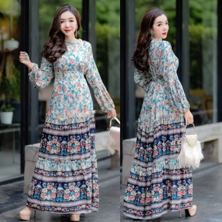 ชุดออกงาน /ชุดลำลอง/เดรสโบฮีเมี่ยนสปันคอปีนสีครีมสวยหรูอก34"-46"