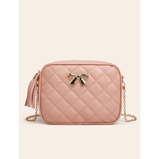 กระเป๋าสะพายแฟชั่น  กระเป๋ามินิ  สายสะพายโซ่ สีชมพู น่ารักๆ Quilted Chain Crossbody Bag (ส่งจากไทย)