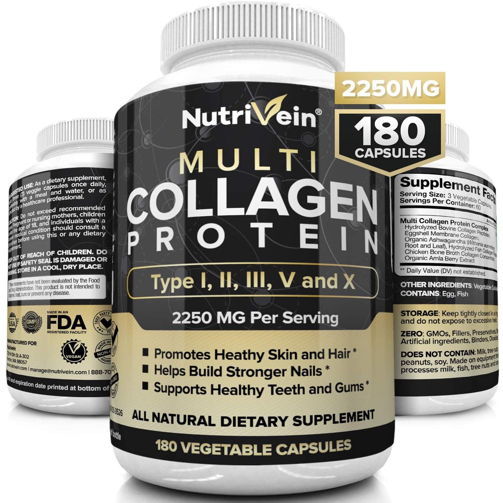 Nutrivein Multi Collagen Pills 2250mg 180 Collagen Capsules Type I Ii Iii V X Anti