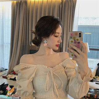 พร้อมส่ง 🍍งานเสื้อปาดไหล่แขนพองยาว สายเกา น่ารักเซ็กซี่ งานเกาหลีนำเข้า 💗