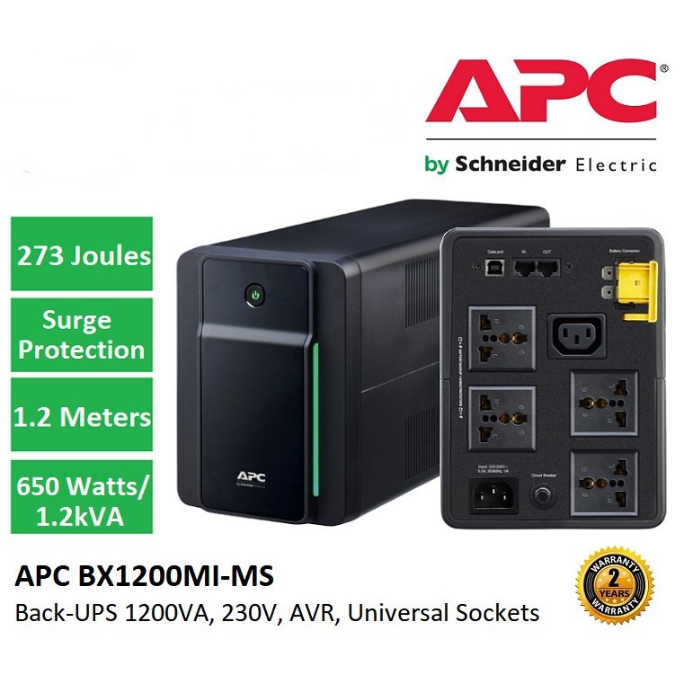 UPS (เครื่องสำรองไฟฟ้า) APC (BX1200MI-MS) Back-UPS 1200VA/650Watts 230V, AVR, 4 universal & 1 IEC ou