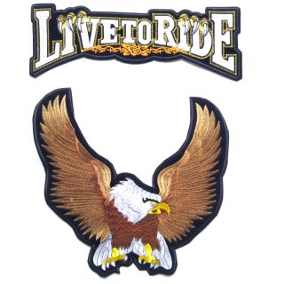 ซื้อคู่ถูกกว่า ตัวรีดติดหลังเสื้อขนาดใหญ่ Live to Ride + Brown Flying Eagle Wing Harley Davidson Biker Club