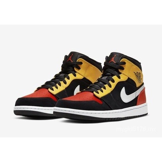 ✴♛Nike Air Jordan 1 Retro Mid SE ผู้ชายขนาด 10 สีดำสีเหลืองสีส้ม 852542-087 ใหม่ 5Kfd