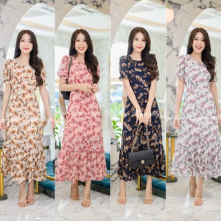 K275-2 เดรสยาวคอกลมแขนขยุ้ม ผ้าชีฟอง