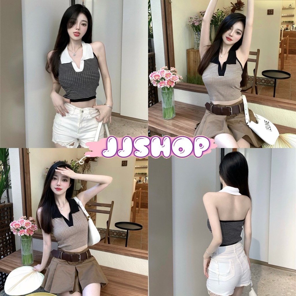 JJ Shop​💜​พร้อมส่ง   เสื้อครอปคล้องคอไหมพรม คอปก ดีเทลลายทางน่ารักมาก "0236" -C