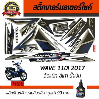 สติ๊กเกอร์ติดรถ สติ๊กเกอร์มอไซค์ สติ๊กเกอร์แต่งรถ Honda Wave110i 2017 ล้อแม็ก สีเทา-น้ำเงิน ฟรี!!น้ำยาเคลือบเงา