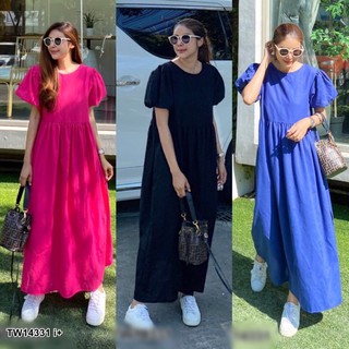 ⚡️🤩เดรสเที่ยว ไปทะเล Maxi Dress เดรสยาว คอกลมกระดุมหลัง แขนตุ๊กตาพองๆสไตล์โคเรีย เย็บตัดต่อใต้อกทรงโอเวอร์ไซส์