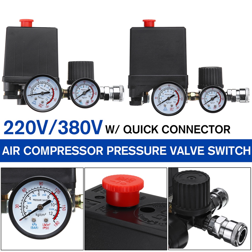 220V/380V Air Compressor Pressure Switch Control Valve Manifold Relief Regulator Gauge with 4 Quick Connectors 30-120PSI